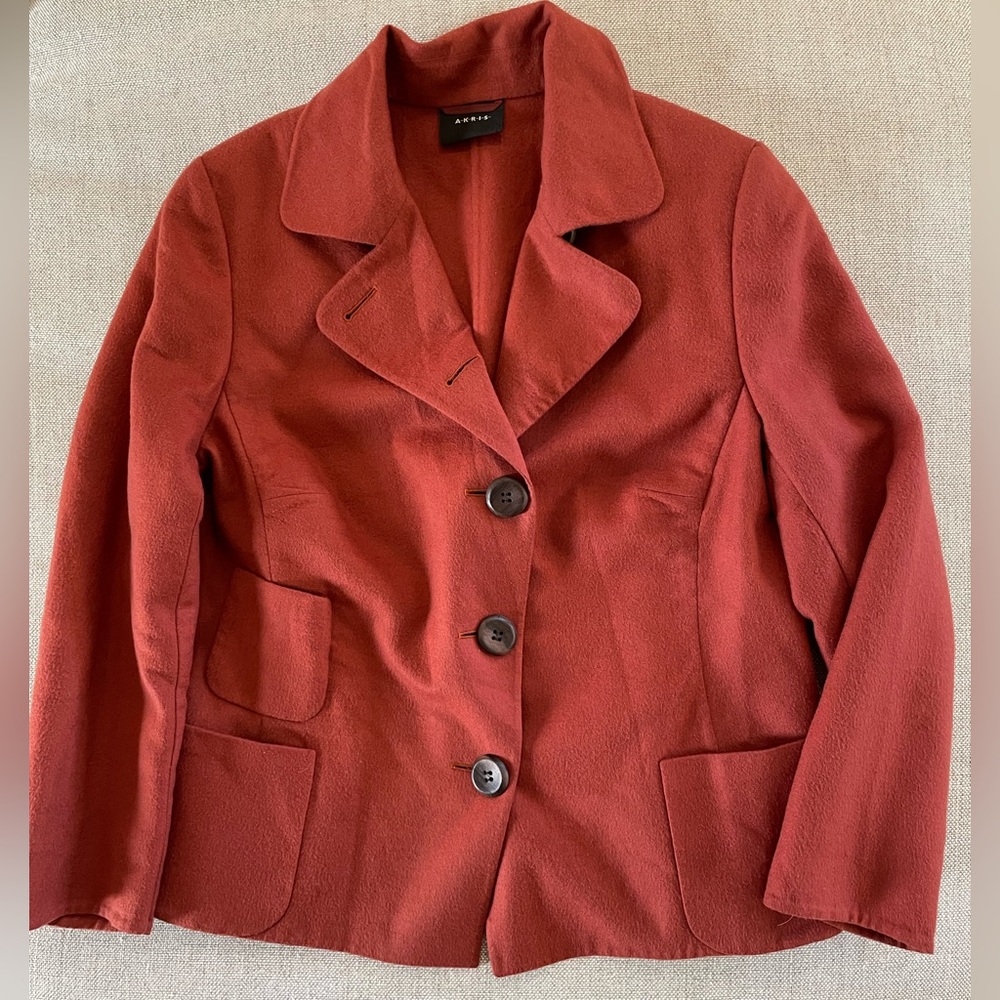 A-K-R-I-S-  AKRIS Felted‎ Cashmere Asymmetic Wood Button Patch Pocket Jacket 14